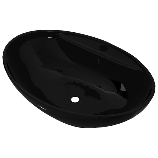 vidaXL Ceramic Bathroom Sink Basin Faucet/Overflow Hole Black Oval