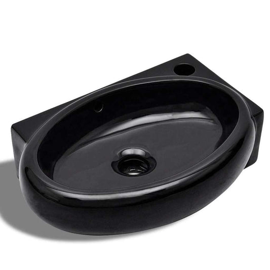 141925 Ceramic Bathroom Sink Basin Faucet/Overflow Hole Black Round