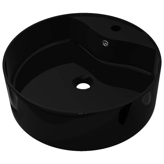 141939 Ceramic Bathroom Sink Basin Faucet/Overflow Hole Black Round