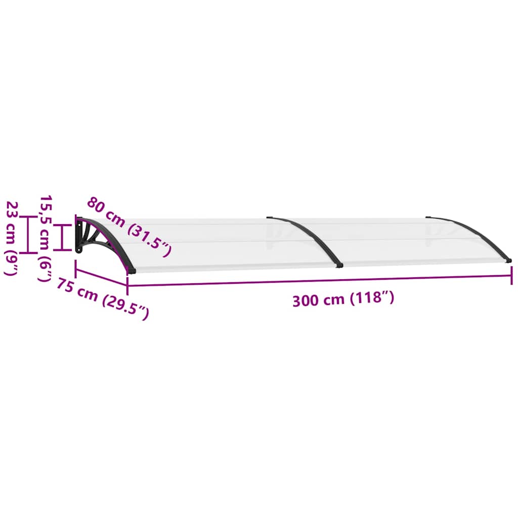 vidaXL Door Canopy Black and Transparent 300x75 cm PC
