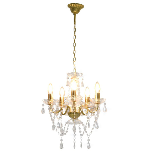 281602 vidaXL Chandelier with Crystal Beads Golden Round 5 x E14