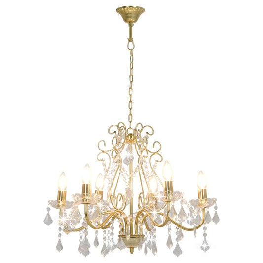 281603 vidaXL Chandelier with Crystal Beads Golden Round 6 x E14
