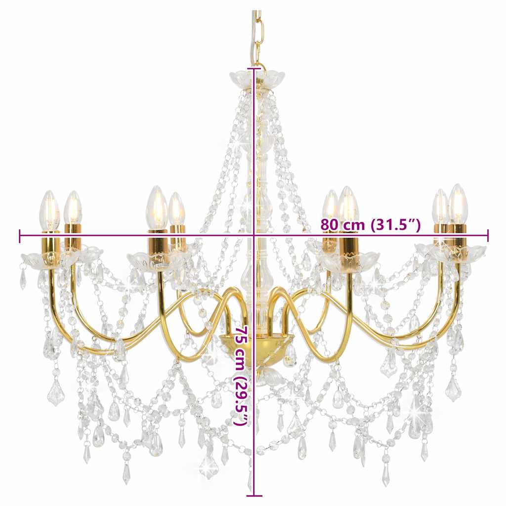 281607 vidaXL Chandelier with Beads Golden 8 x E14 Bulbs