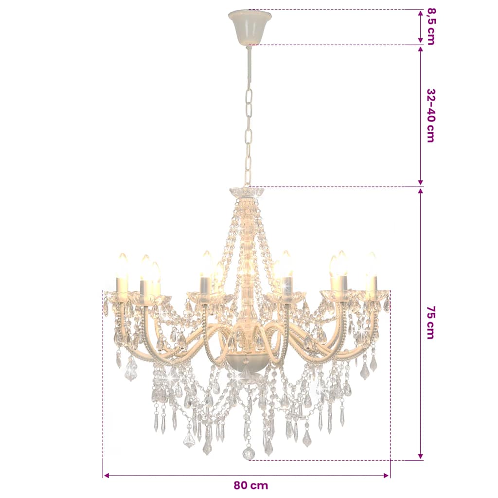vidaXL Chandelier with Beads White 12 x E14 Bulbs