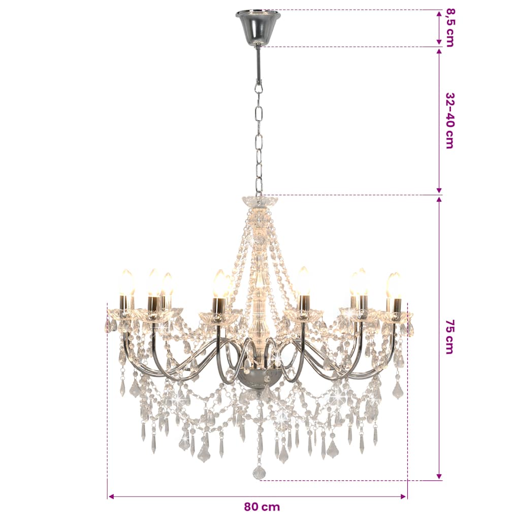 vidaXL Chandelier with Beads Silver 12 x E14 Bulbs