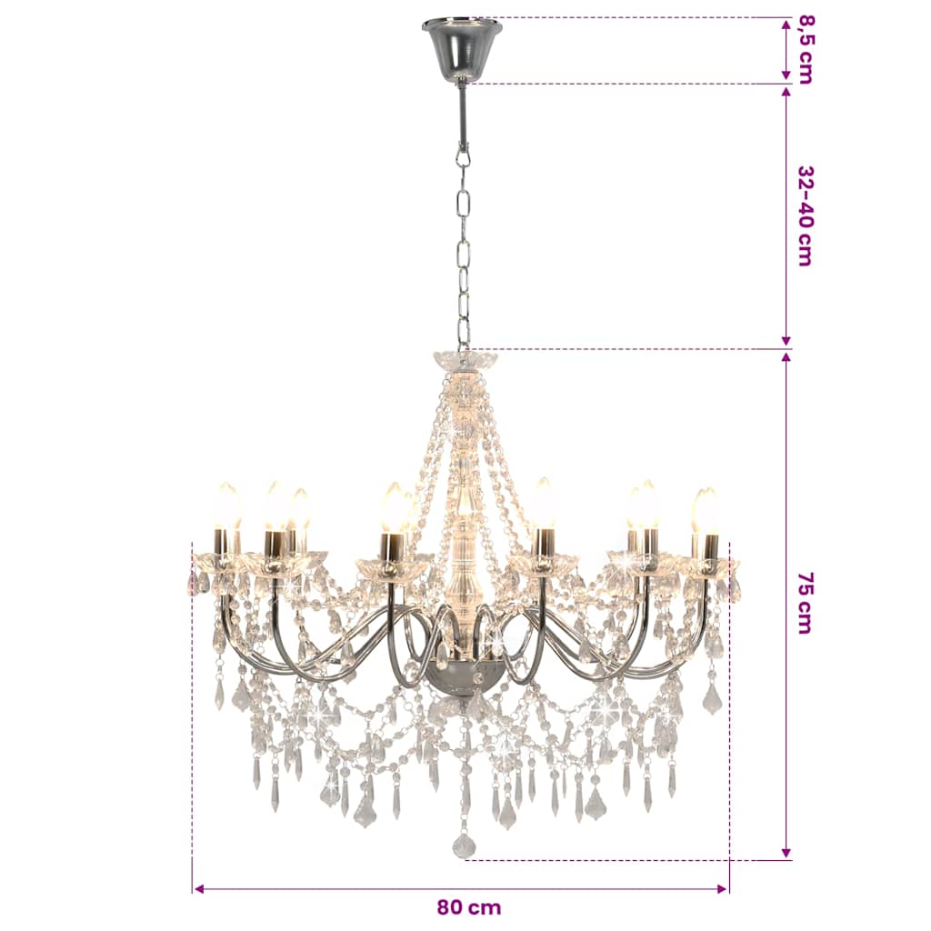 vidaXL Chandelier with Beads Silver 12 x E14 Bulbs