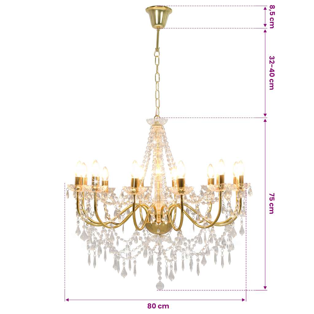 vidaXL Chandelier with Beads Golden 12 x E14 Bulbs