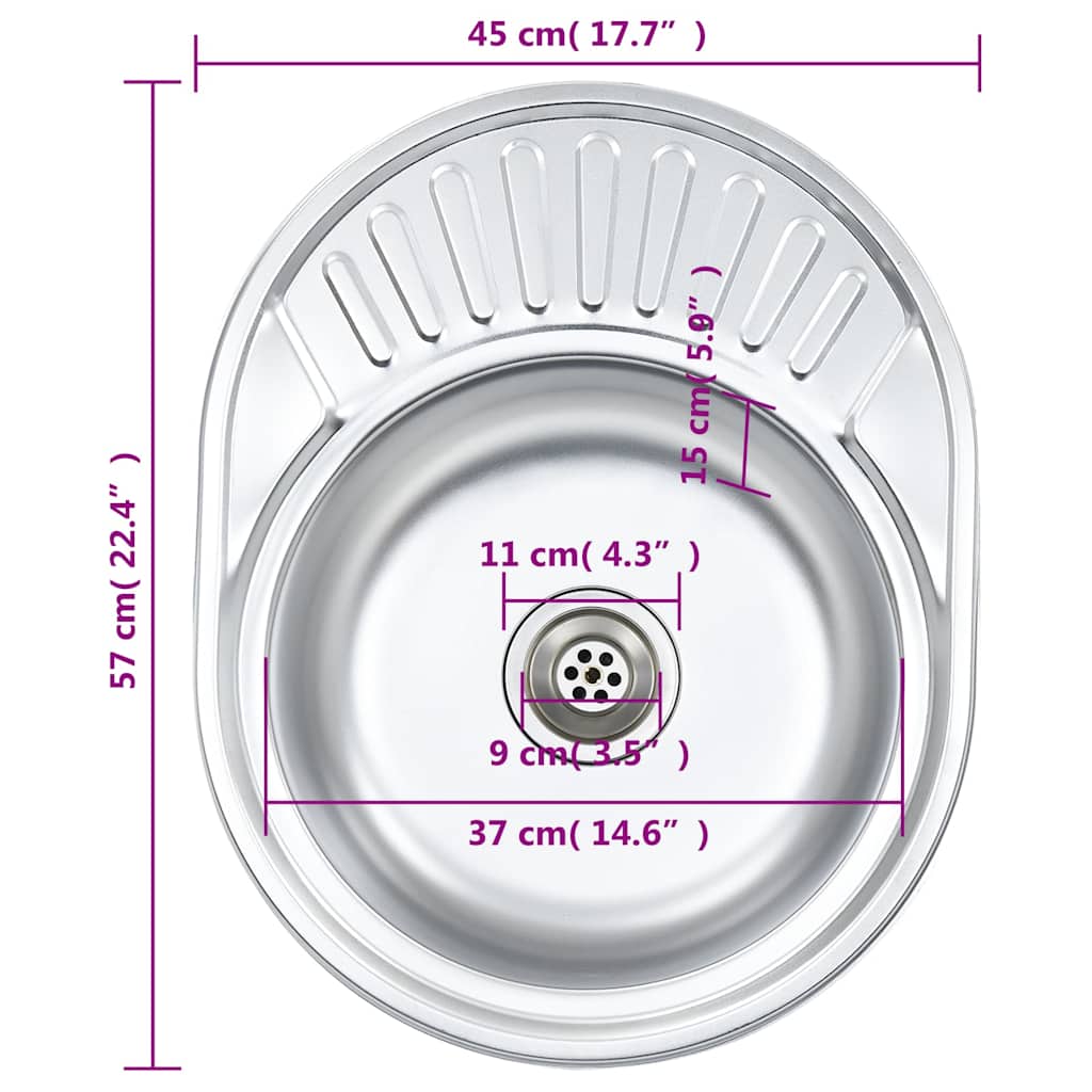 vidaXL Kitchen Sink with Strainer and Trap Oval Stainless Steel