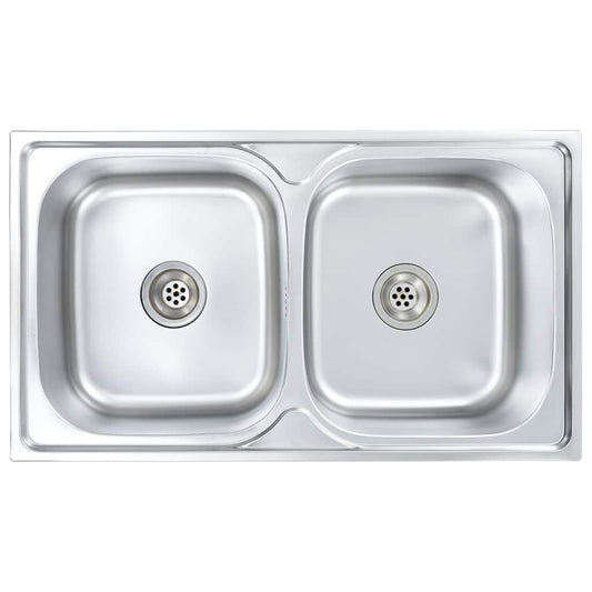 vidaXL Kitchen Sink Double Basin with Strainer & Trap Stainless Steel