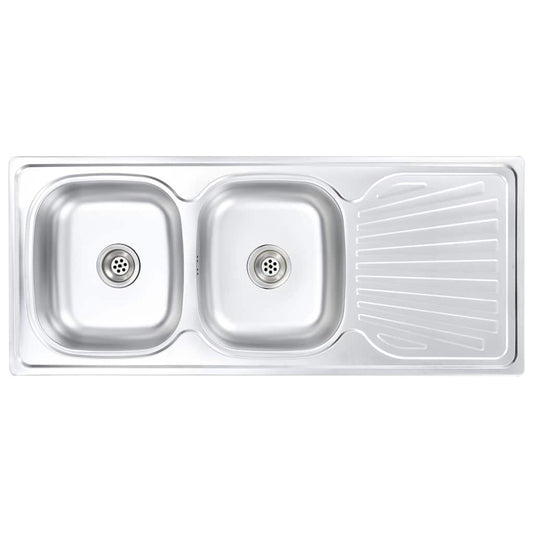 145075 vidaXL Kitchen Sink Double Basin with Strainer & Trap Stainless Steel