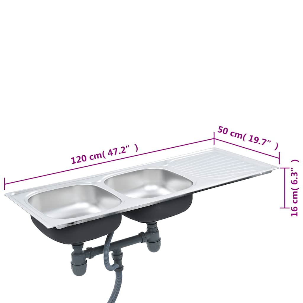 145075 vidaXL Kitchen Sink Double Basin with Strainer & Trap Stainless Steel