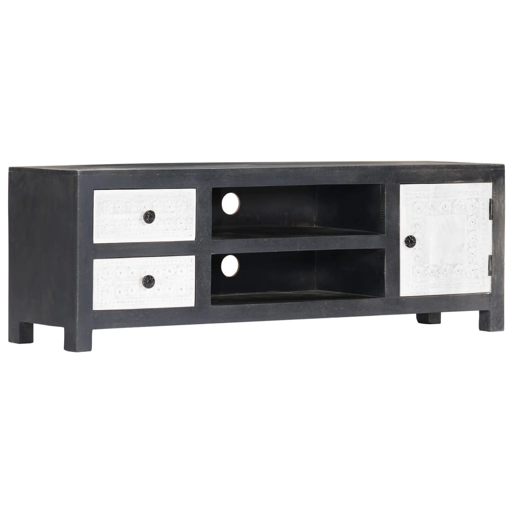 282723 vidaXL Hand Carved TV Cabinet Grey&White 120x30x40 cm Solid Wood Mango