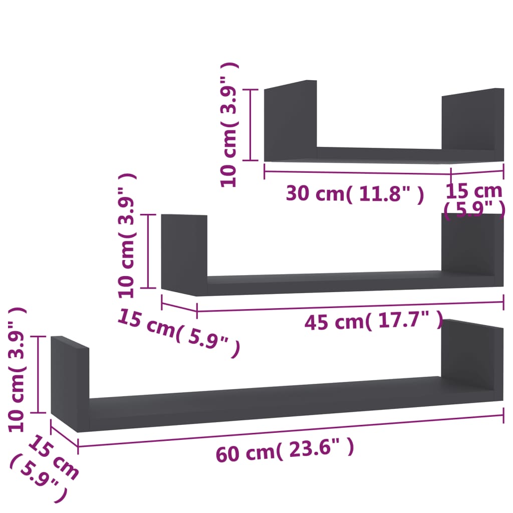 vidaXL Wall Display Shelf 3 pcs Grey Engineered Wood