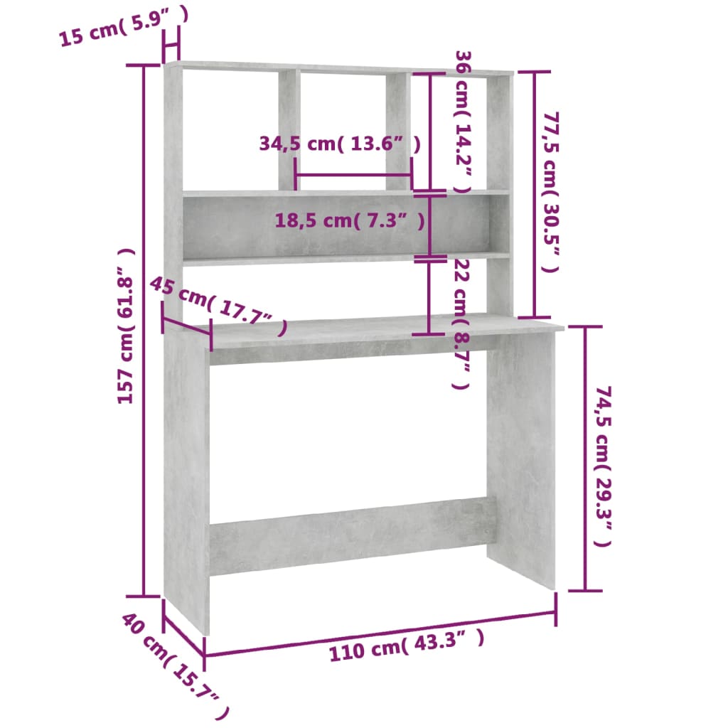 vidaXL Desk | Concrete Grey | Engineered wood | Compact | Desk | Rectangular
