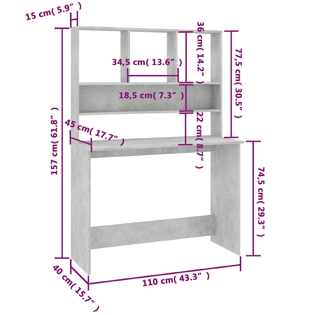 800391 vidaXL Desk with Shelves Concrete Grey 110x45x157 cm Engineered Wood