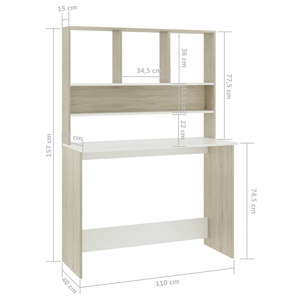 800392 vidaXL Desk with Shelves White and Sonoma Oak 110x45x157 cm Engineered Wood