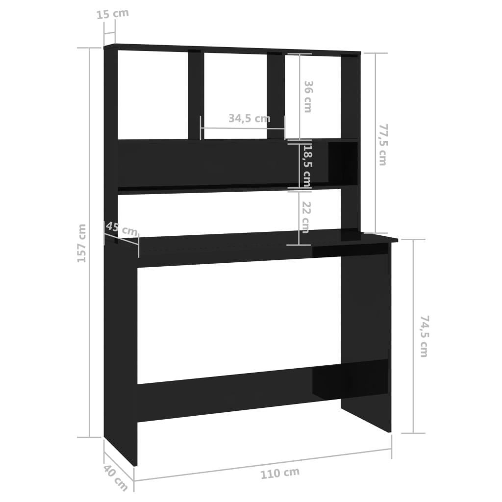 vidaXL Desk | High gloss black | Engineered wood | 110x45x157 cm | Desk