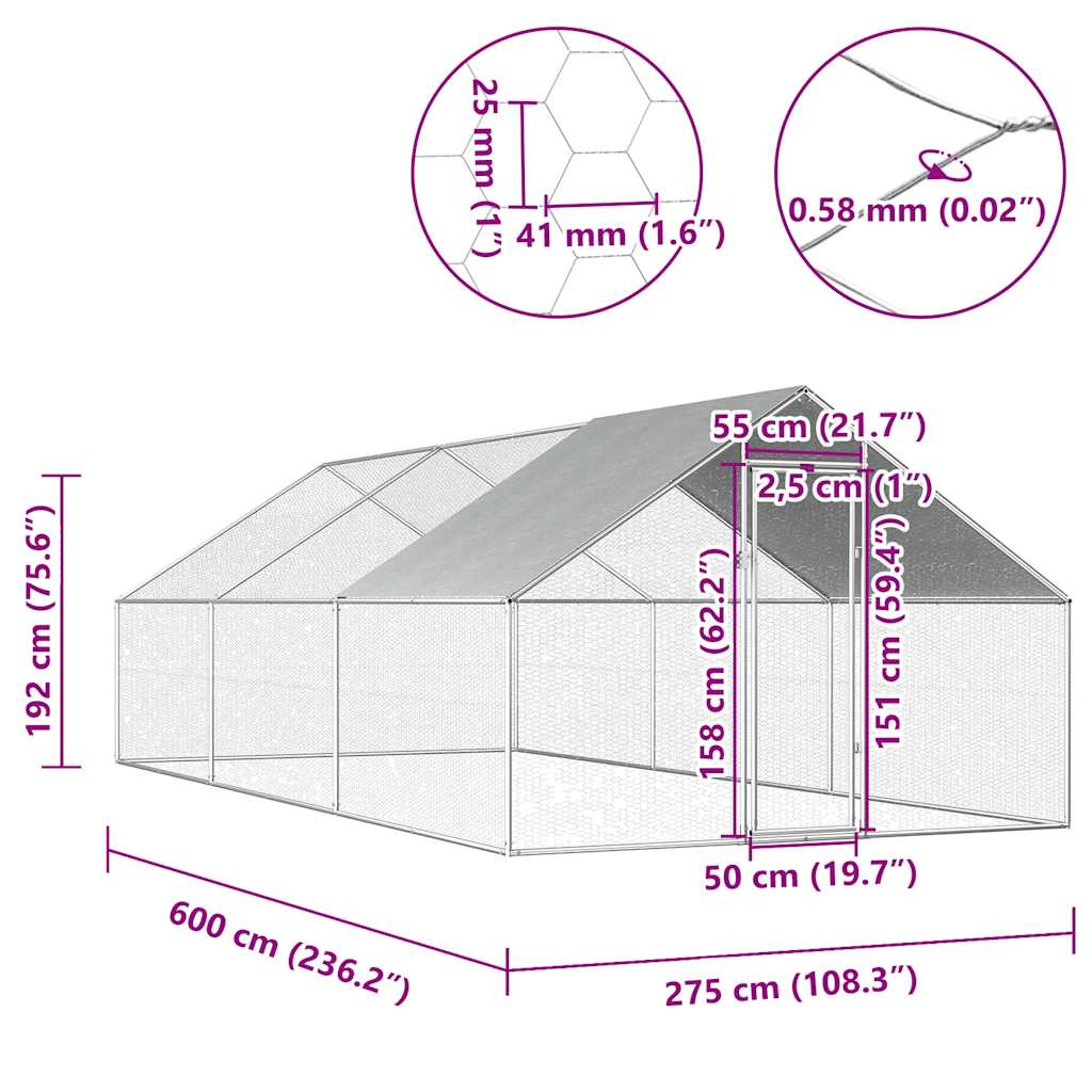 vidaXL Outdoor Chicken Cage 2,75x6x1,92 m Galvanised Steel