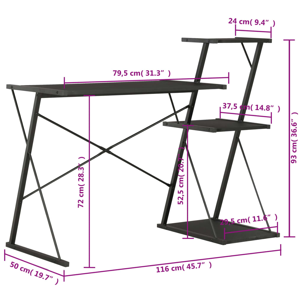 vidaXL Desk with Shelf Black 116x50x93 cm