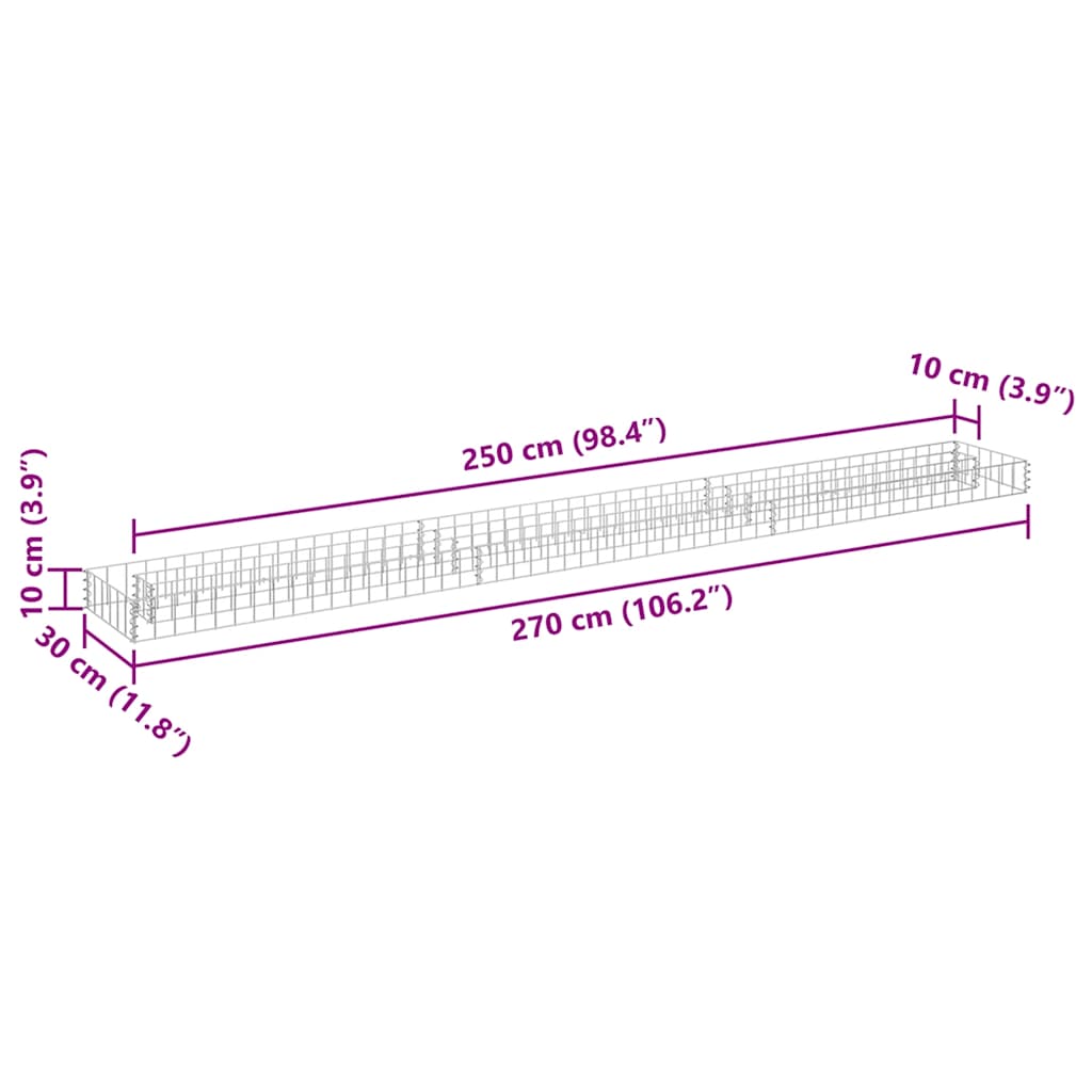 vidaXL Gabion Raised Bed Galvanised Steel 270x30x10 cm