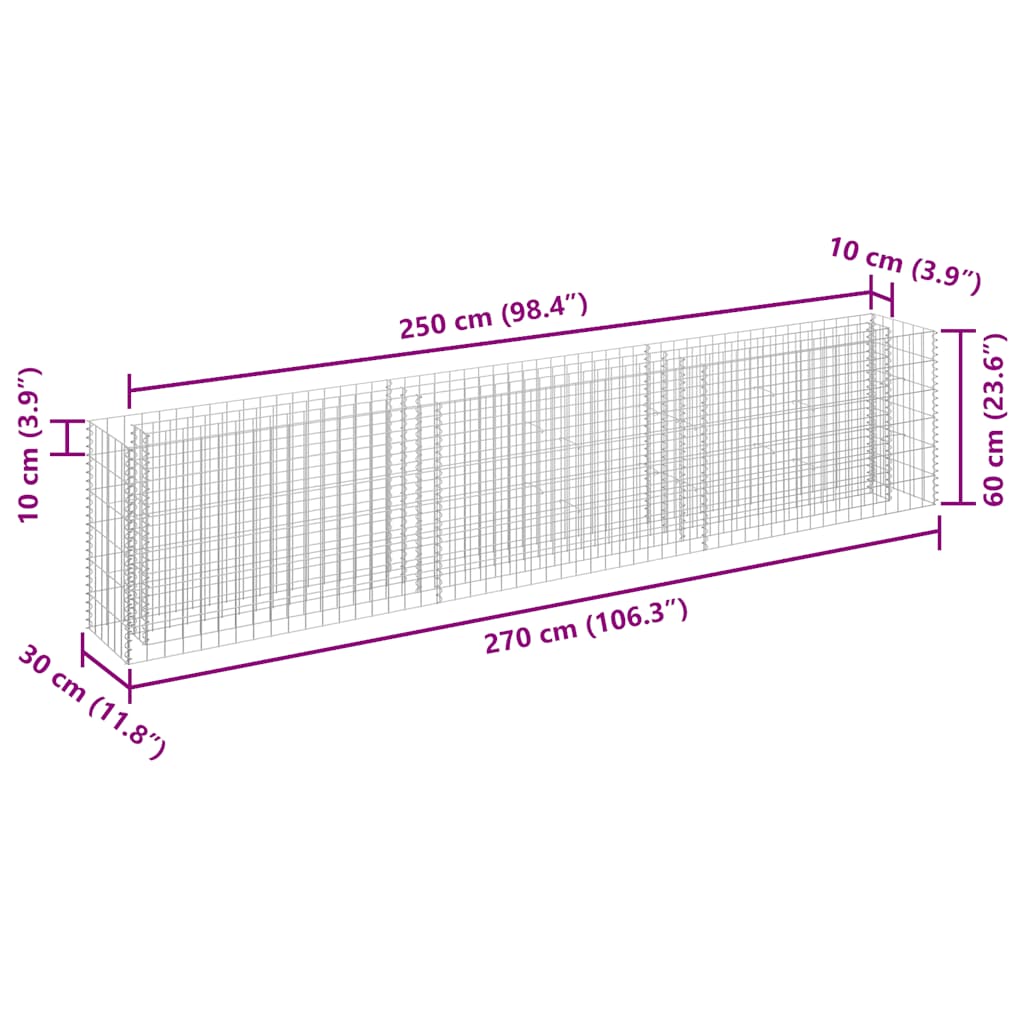 vidaXL Gabion Raised Bed Galvanised Steel 270x30x60 cm