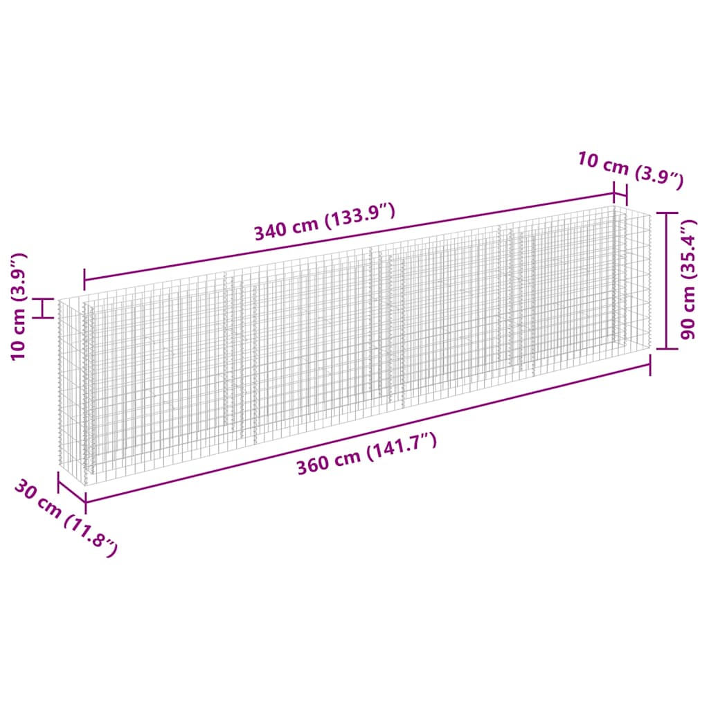 vidaXL Gabion Raised Bed Galvanised Steel 360x30x90 cm
