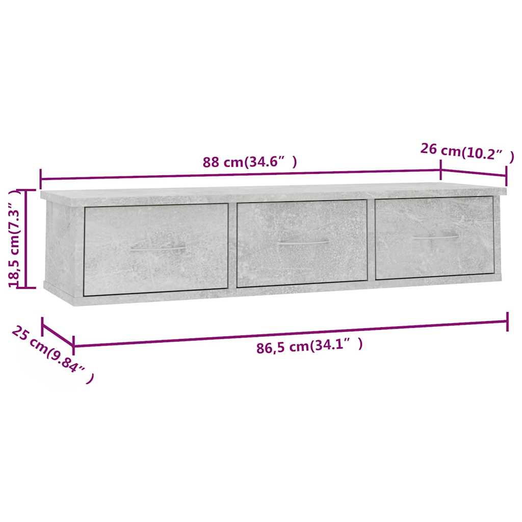 vidaXL Wall-mounted Drawer Shelf Concrete Grey 88x26x18.5 cm