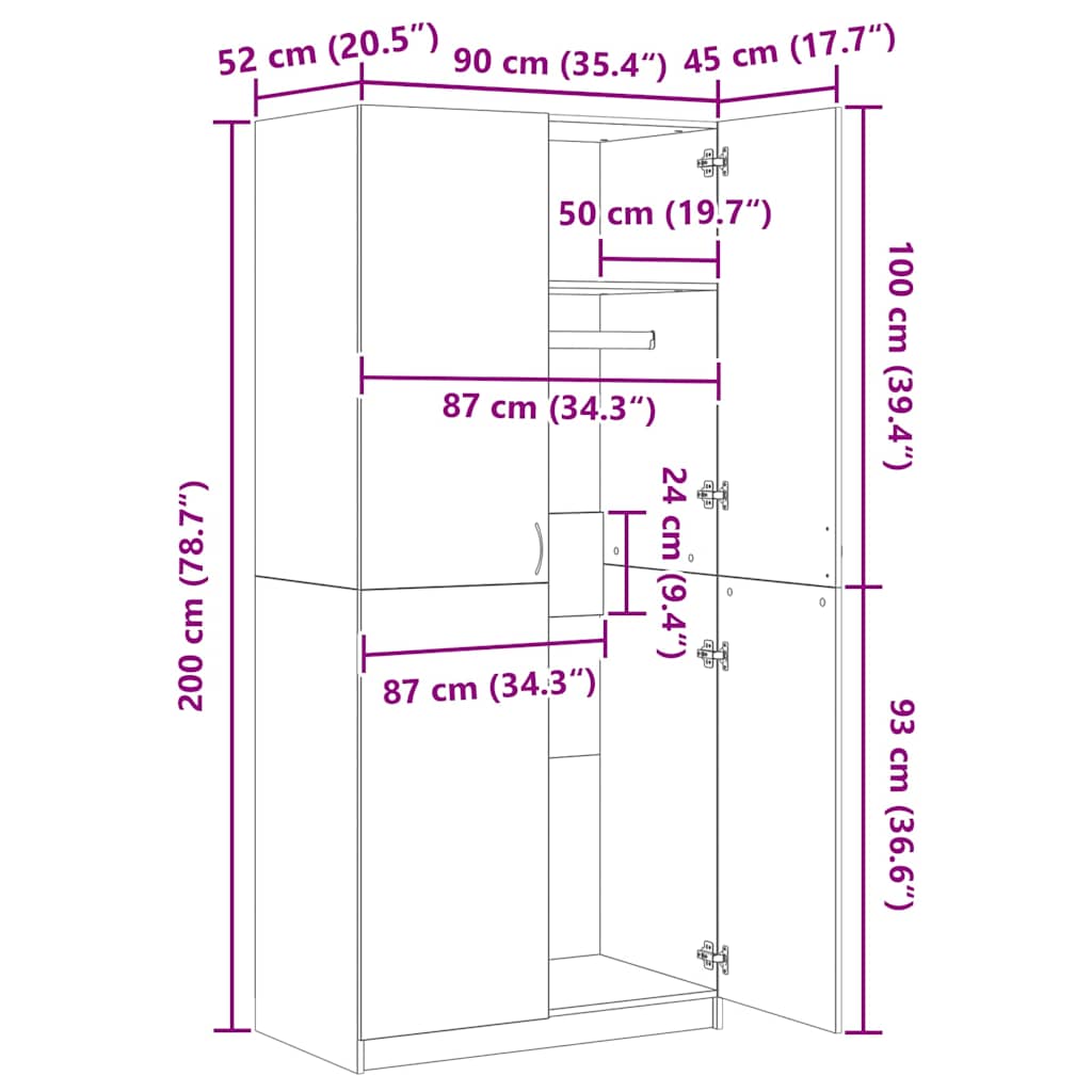 800630 vidaXL Wardrobe White 90x52x200 cm Engineered Wood