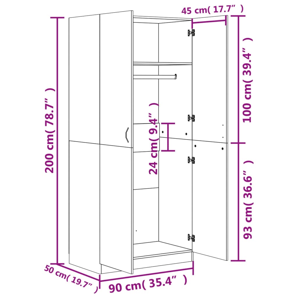 vidaXL Wardrobe Concrete Grey 90x52x200 cm Engineered Wood