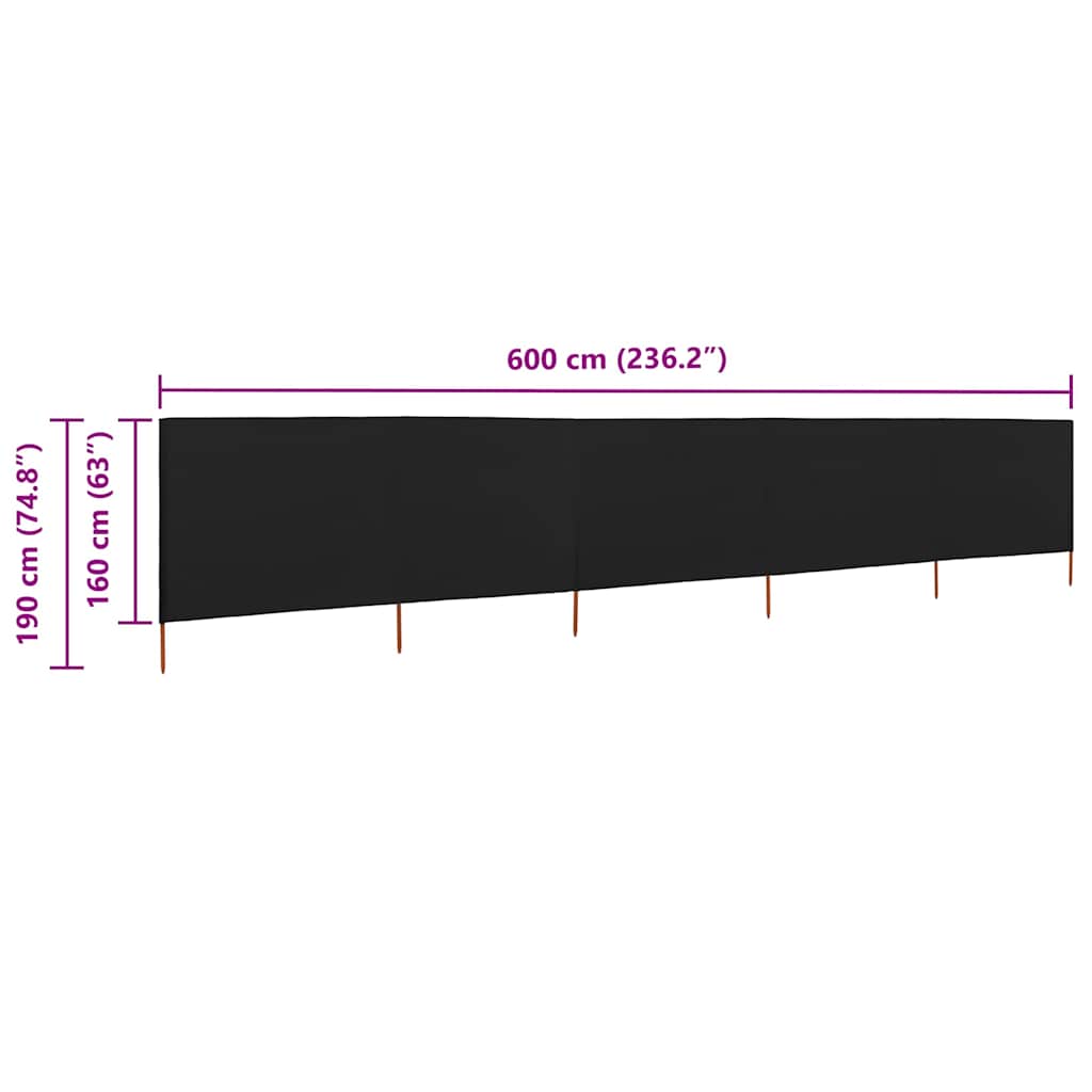 vidaXL 5-panel Wind Screen Fabric 600x160 cm Black