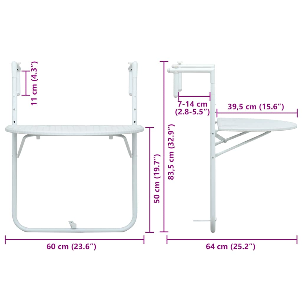 vidaXL Hanging Balcony Table White 60x64x83.5 cm Plastic Rattan Look