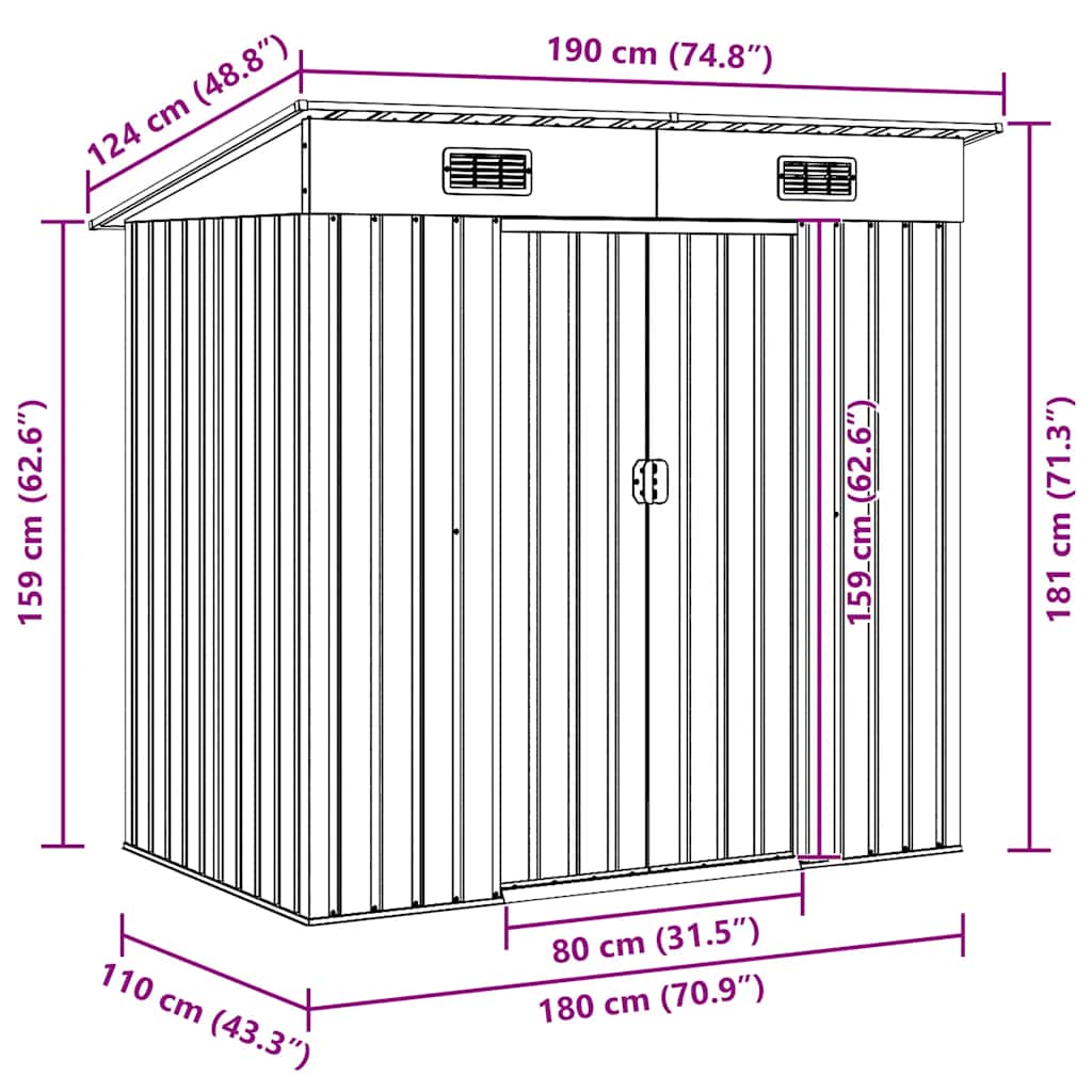 vidaXL Garden Shed | Anthracite | Galvanised steel | 190 x 124 x 181 cm