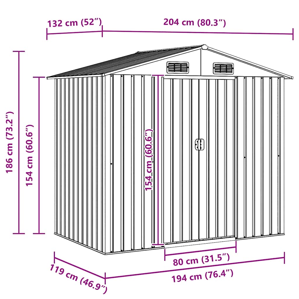 vidaXL Garden Shed | Anthracite | Galvanised steel | 204 x 132 x 186 cm