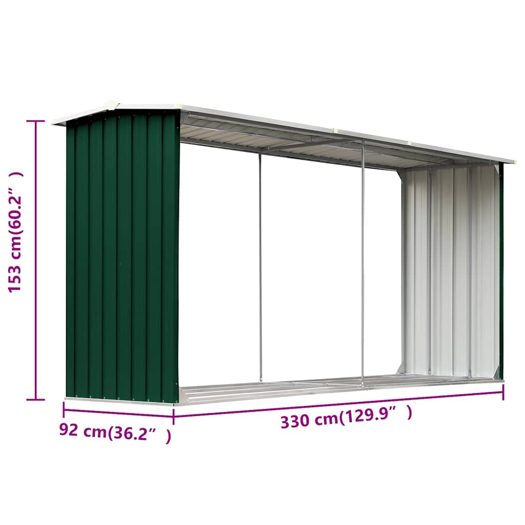 vidaXL Garden Log Storage Shed Galvanised Steel 330x92x153 cm Green