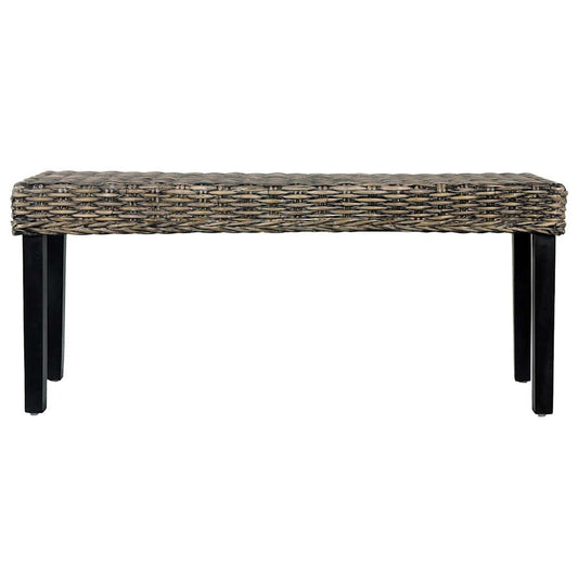 285790 vidaXL Bench 110 cm Black Natural Kubu Rattan and Solid Mahogany Wood