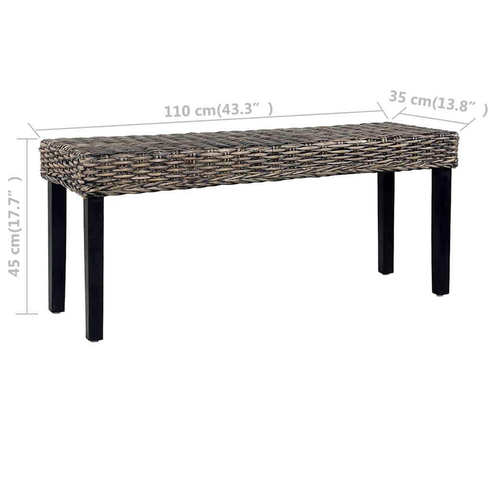 285790 vidaXL Bench 110 cm Black Natural Kubu Rattan and Solid Mahogany Wood