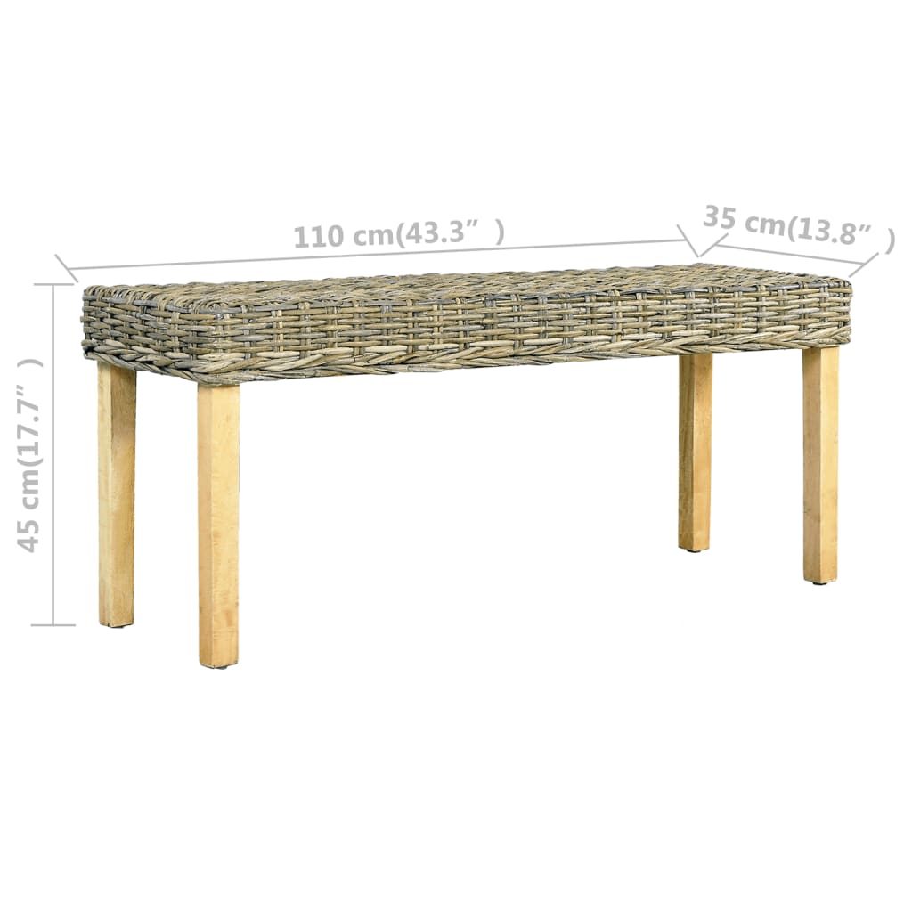 vidaXL Bench 110 cm Natural Kubu Rattan and Solid Mahogany Wood