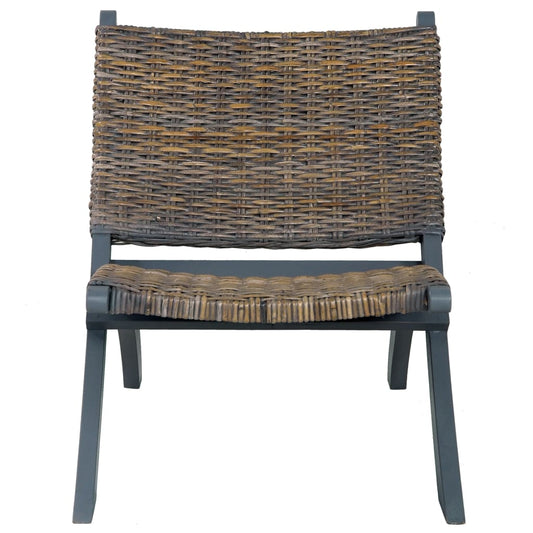 vidaXL Relaxing Chair Grey Natural Kubu Rattan and Solid Mahogany Wood