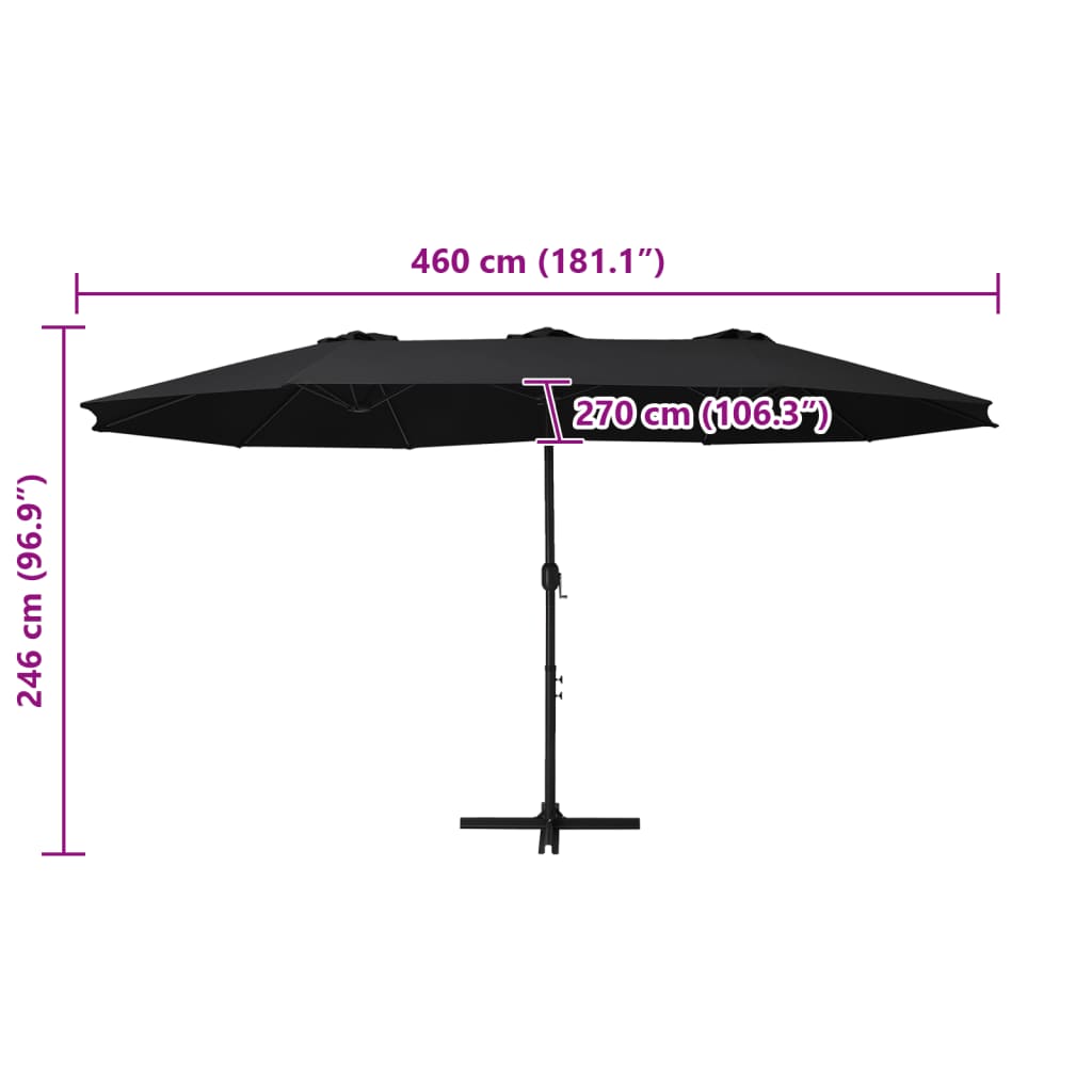 vidaXL Parasol | Black | Polyester fabric, Aluminium pole and ribs | Extra Large