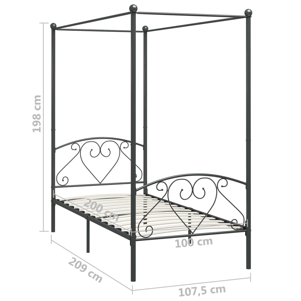 284441 vidaXL Canopy Bed Frame without Mattress Grey Metal 100x200 cm