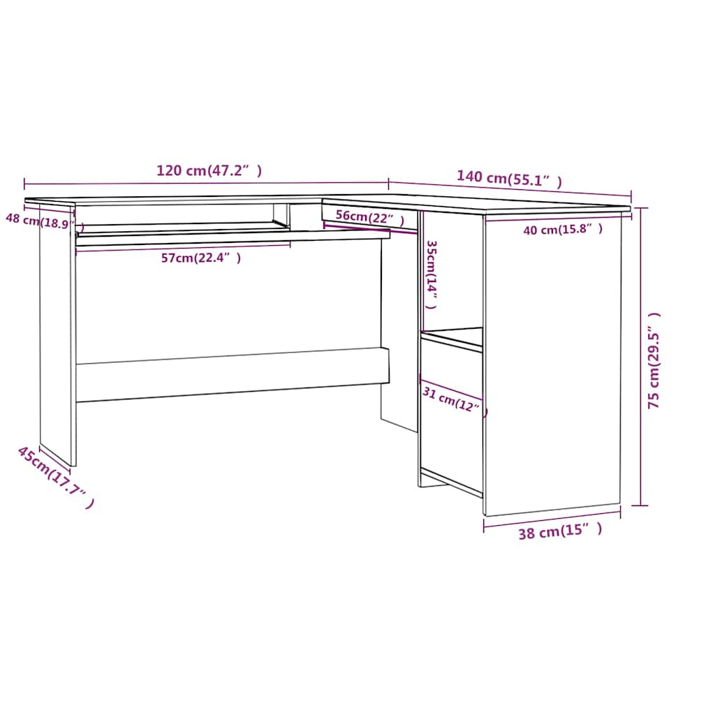 800747 vidaXL L-Shaped Corner Desk White 120x140x75 cm Engineered Wood