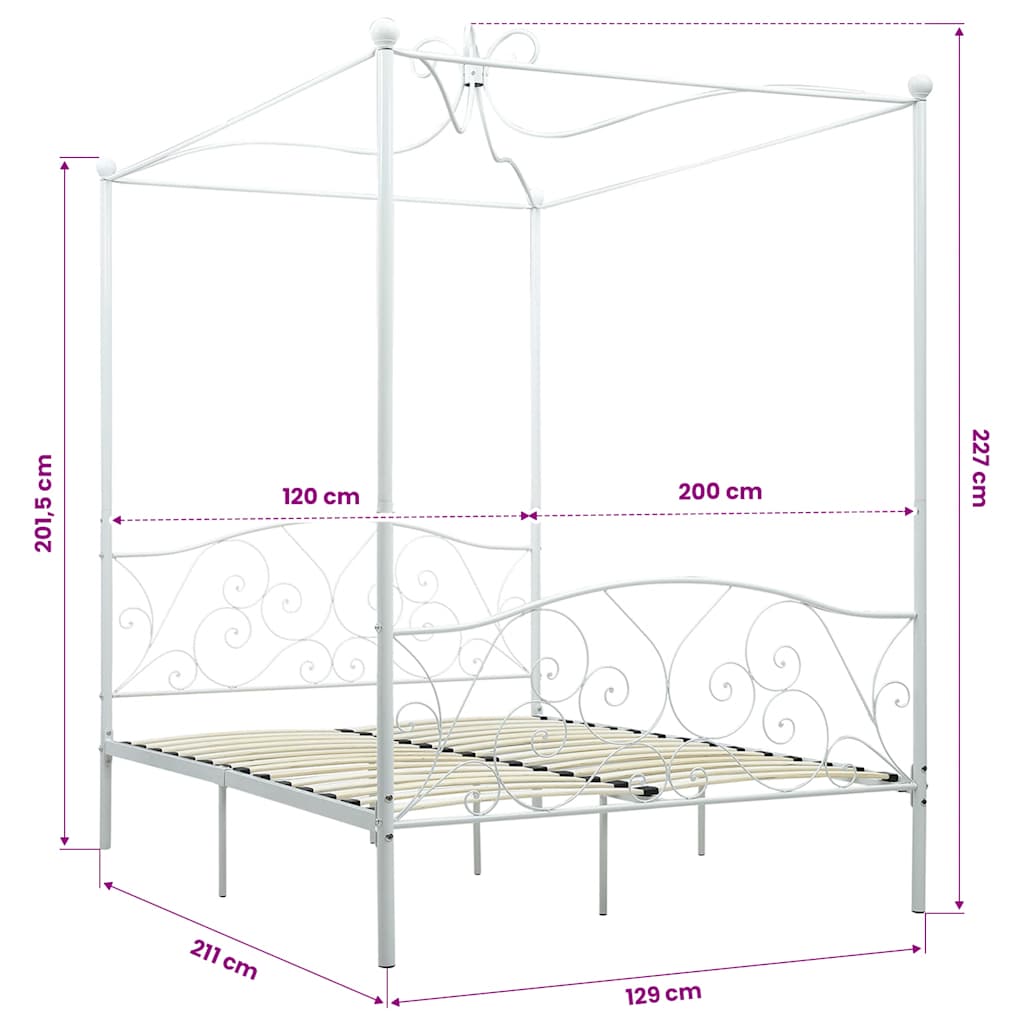 vidaXL Canopy Bed Frame without Mattress White Metal 120x200 cm
