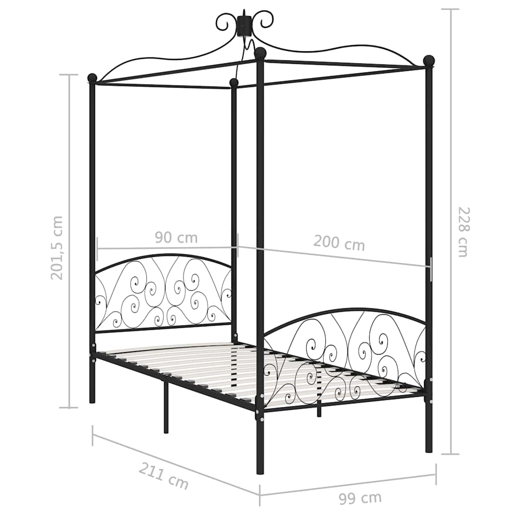 284474 vidaXL Canopy Bed Frame without Mattress Black Metal 90x200 cm