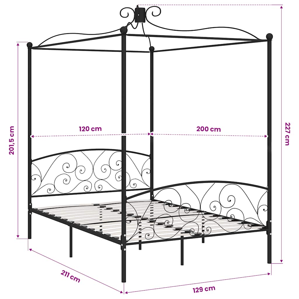 vidaXL Canopy Bed Frame without Mattress Black Metal 120x200 cm