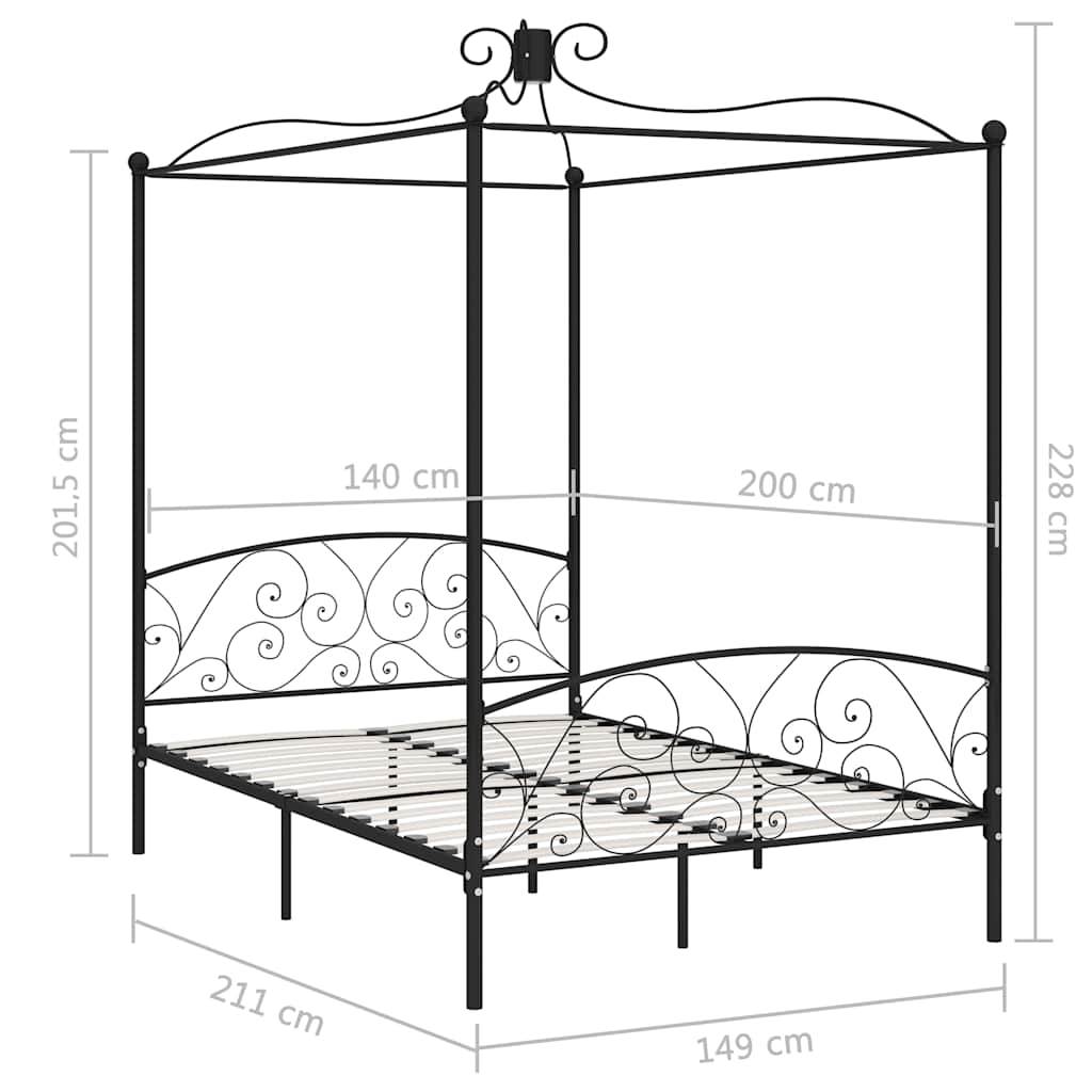 vidaXL Canopy Bed Frame without Mattress Black Metal 140x200 cm