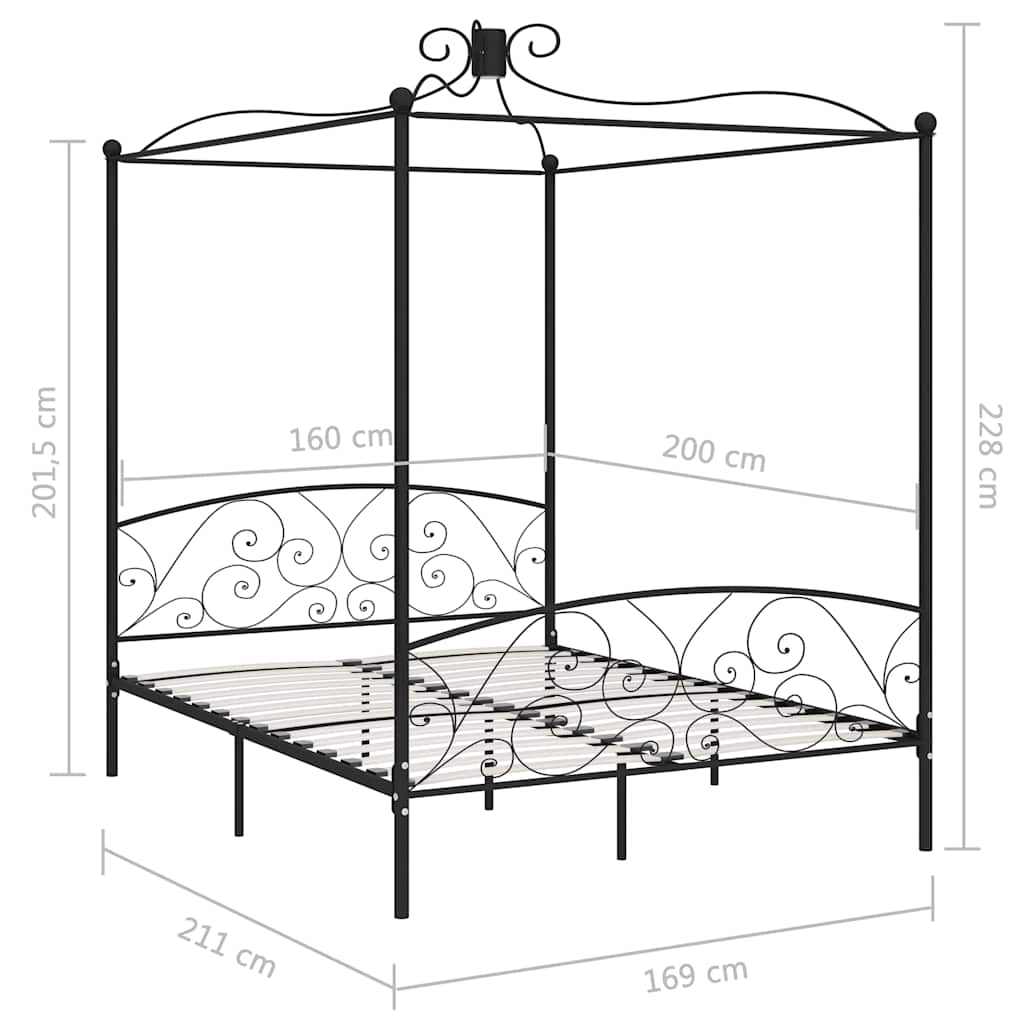 vidaXL Canopy Bed Frame without Mattress Black Metal 160x200 cm