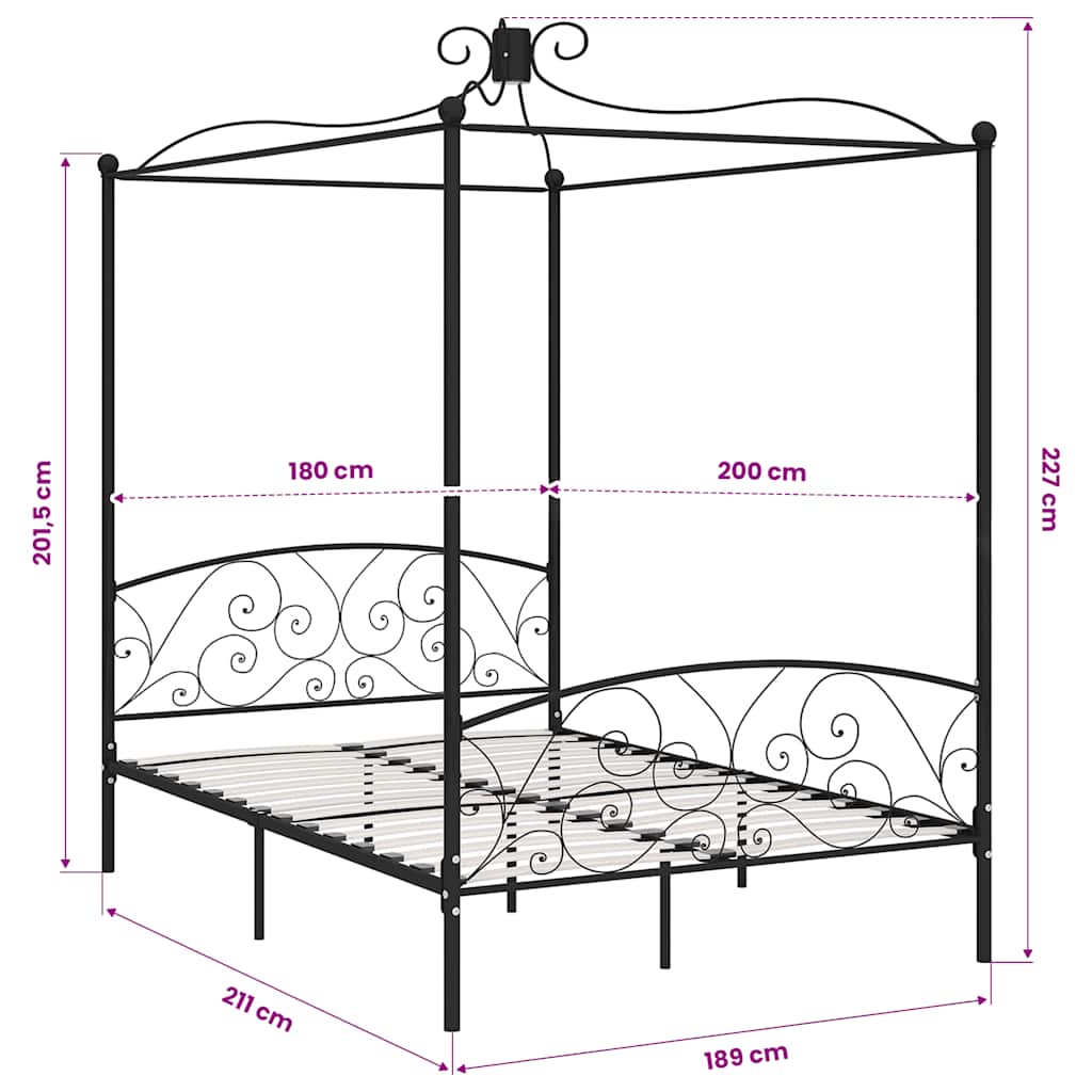 vidaXL Canopy Bed Frame without Mattress Black Metal 180x200 cm Super King