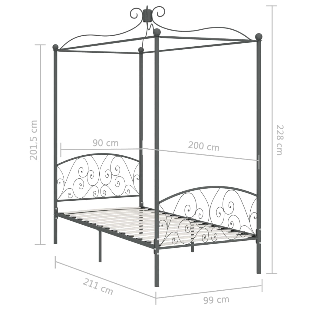 vidaXL Bed Frame | Grey | Metal | 90x200 cm | Classic/Traditional | Bed Frame