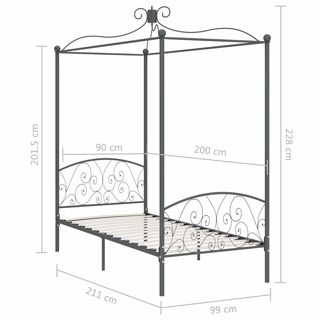 284480 vidaXL Canopy Bed Frame without Mattress Grey Metal 90x200 cm
