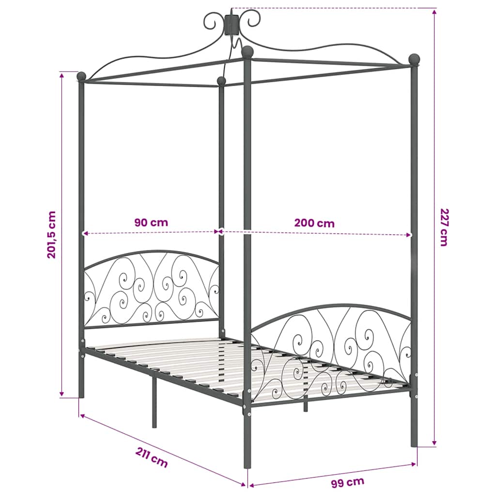 vidaXL Canopy Bed Frame without Mattress Grey Metal 90x200 cm